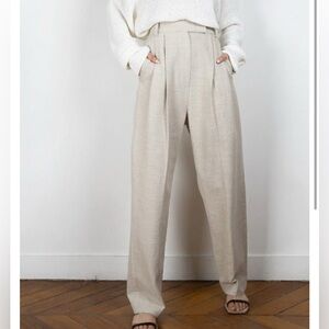 FRANKIE SHOP PLEATED LINEN BLEND PANTS - SAND